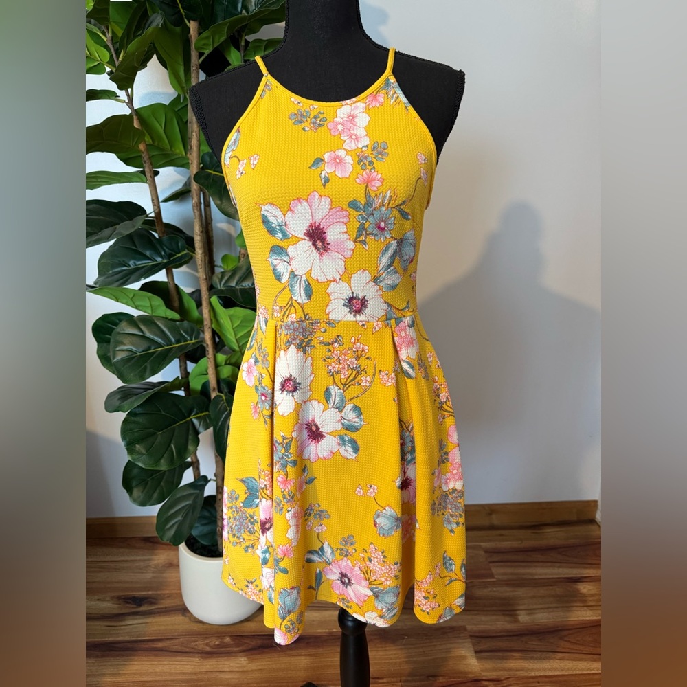 Soprano Yellow Floral Halter Mini Dress